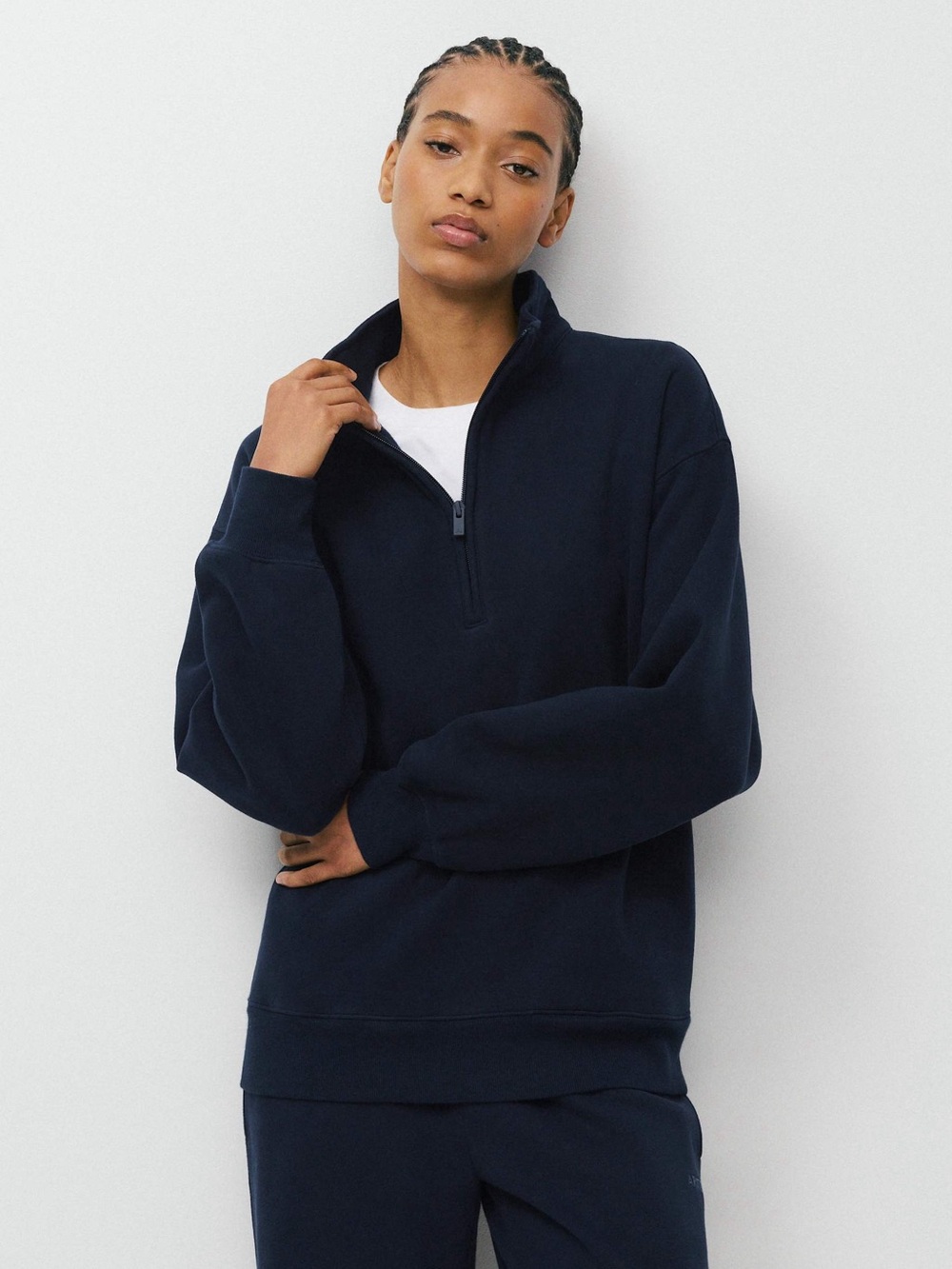 💙 Aritzia Cozy Sweatfleece Boyfriend Fit Half Zip Navy Blue Sweatshirt S EUC